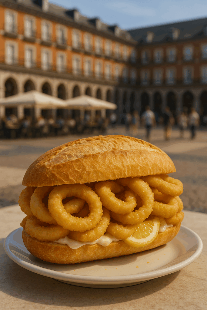 Bocadillo de calamares servido en un plato con la Plaza Mayor de Madrid desenfocada al fondo.