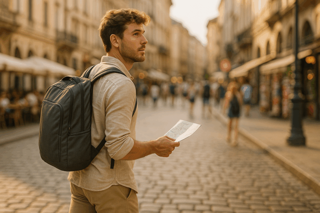 Persona con mochila consultando un mapa mientras camina por una calle céntrica de la ciudad.