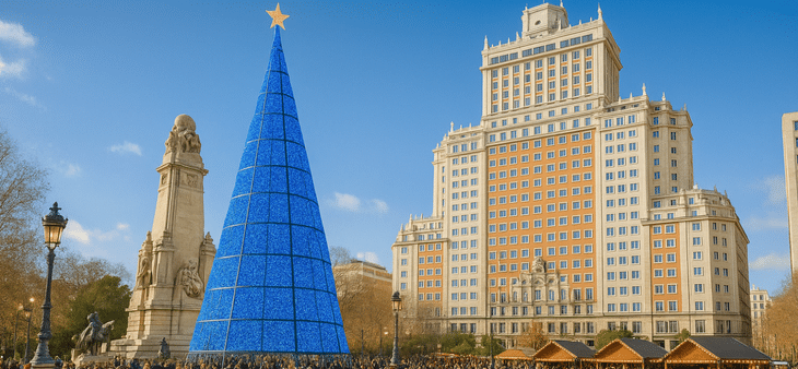 Árbol de Navidad azul iluminado en la Plaza de España de Madrid junto al Edificio España en un día soleado.