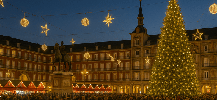 Plaza Mayor de Madrid iluminada en Navidad con mercado navideño, gran árbol de luces y decoración brillante.