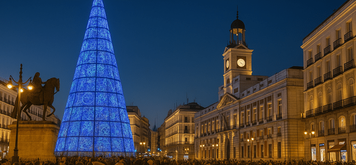 Puerta del Sol en Madrid con un gran árbol de Navidad azul iluminado y edificios emblemáticos al anochecer.