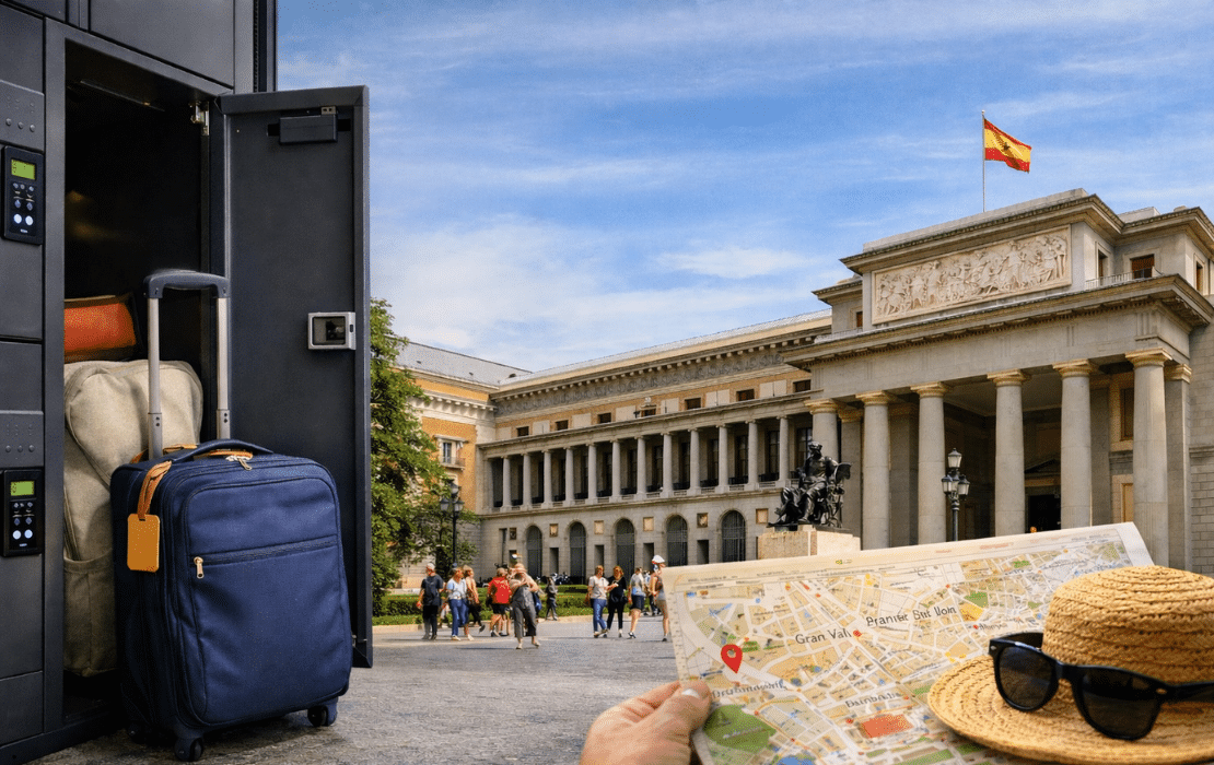 Maleta guardada en taquilla inteligente cerca del Museo del Prado en Madrid mientras un turista consulta un mapa.