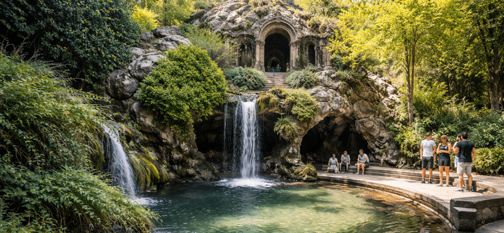 La Montaña de los Gatos con su cascada en el Parque del Retiro de Madrid.