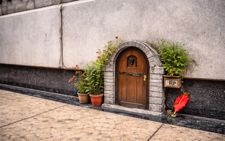 Pequeña puerta decorativa en la base de un edificio en una calle de Madrid.